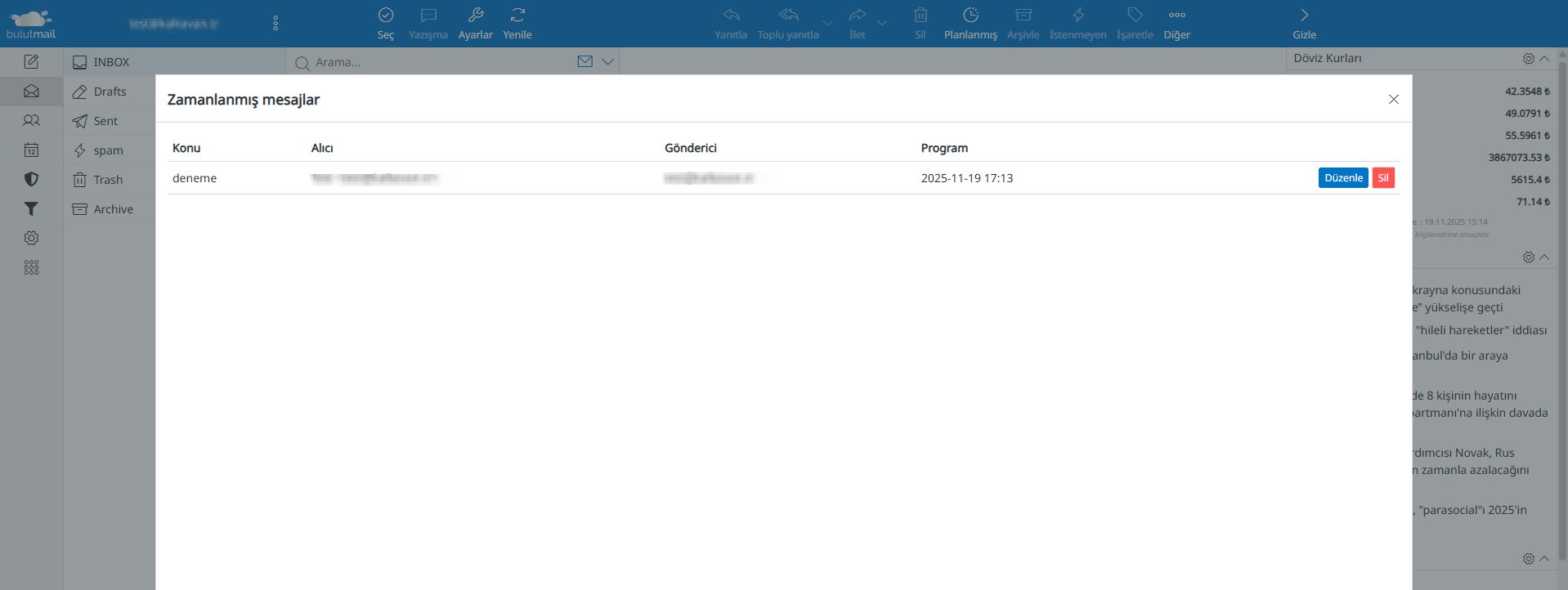 BulutMail zamanlanmış e-posta listesi ekranı