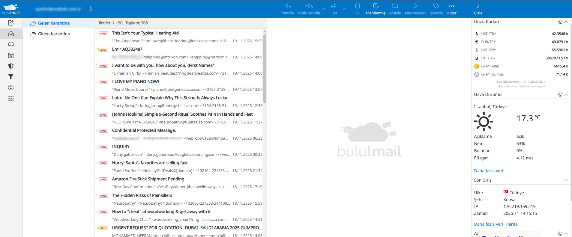 BulutMail gelen giden karantina ekranı